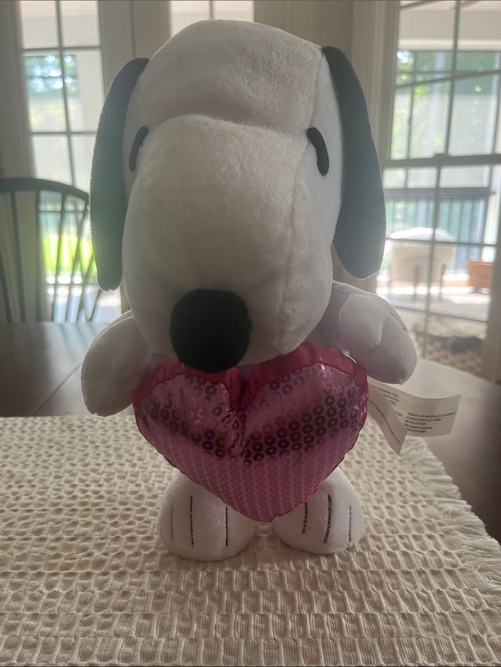 Musical Snoopy Plush Holding Pink Sequin Heart
